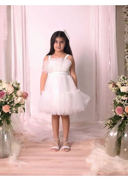 Tüllü Pul Işlemeli Kısa Kız Çocuk Abiye Elbise 5-10 Yaş modelleri