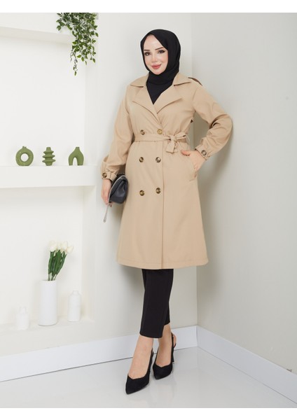Kadın Bej Lastik Kollu Trençkot modelleri