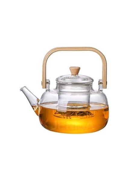 Ahşap Saplı Cam Filtreli Demlik 1000 ml - Dayanıklı Cam Bitki Çayı Demlik