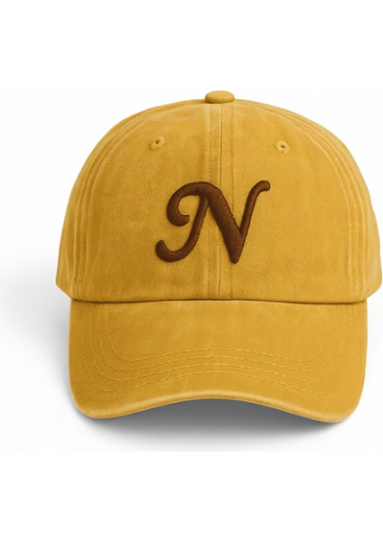 Isme Özel Harf Nakışlı Sarı Vintage Stil Eskitme Kumaş Ayarlanabilir Unisex Beyzbol Şapkası