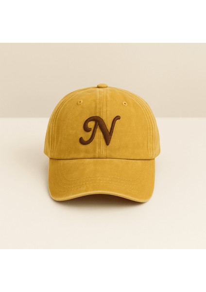 Isme Özel Harf Nakışlı Sarı Vintage Stil Eskitme Kumaş Ayarlanabilir Unisex Beyzbol Şapkası modelleri