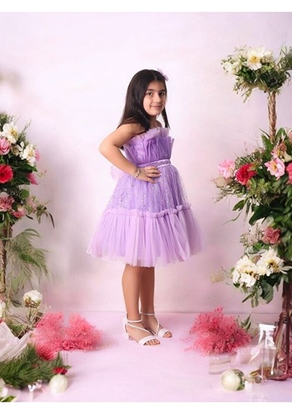 Tüllü Pul Işlemeli Kısa Kız Çocuk Abiye Elbise 5-10 Yaş