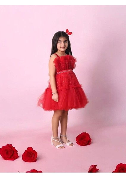 Tüllü Pul Işlemeli Kısa Kız Çocuk Abiye Elbise 5-10 Yaş