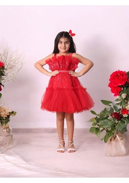 Tüllü Pul Işlemeli Kısa Kız Çocuk Abiye Elbise 5-10 Yaş modelleri
