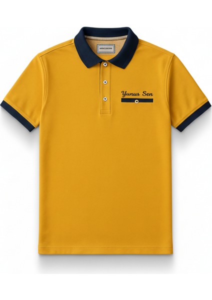 Kişiye Özel Nakışlı Kısa Kollu Triko Yaka Premium Koyu Sarı Tişört M