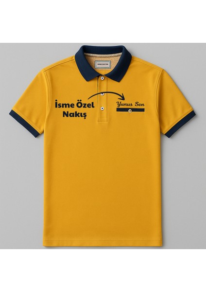 Kişiye Özel Nakışlı Kısa Kollu Triko Yaka Premium Koyu Sarı Tişört M fırsatları