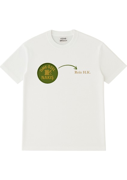 Kişiye Özel Nakışlı Yakası Biyeli Kısa Kollu Bisiklet Yaka Premium Bej Oversize Tişört M