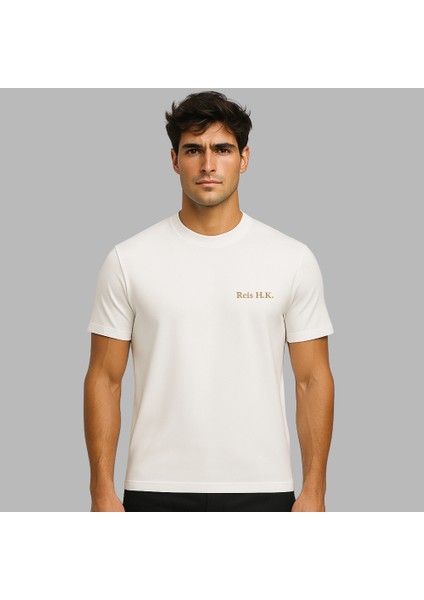 Kişiye Özel Nakışlı Yakası Biyeli Kısa Kollu Bisiklet Yaka Premium Bej Oversize Tişört M fiyatları