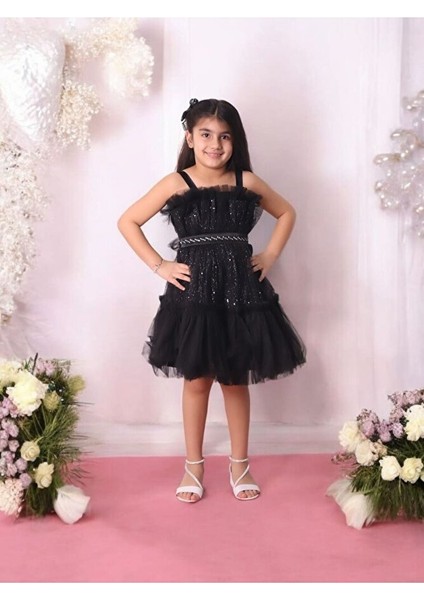 Tüllü Pul Işlemeli Kısa Kız Çocuk Abiye Elbise 5-10 Yaş