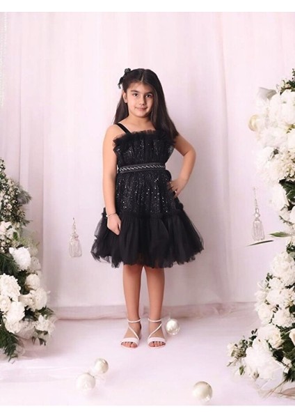 Tüllü Pul Işlemeli Kısa Kız Çocuk Abiye Elbise 5-10 Yaş fiyatları