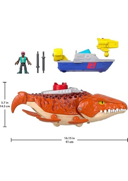 Imaginext World Rebirth Dev Ağızlı Mosasaurus, 45,5 Cm'lik Dinozor Oyuncağı, 7,5 Cm'lik Aksiyon Figürü, Fırlatıcılı Tekne ve 2 Cephane, JFR23 modelleri
