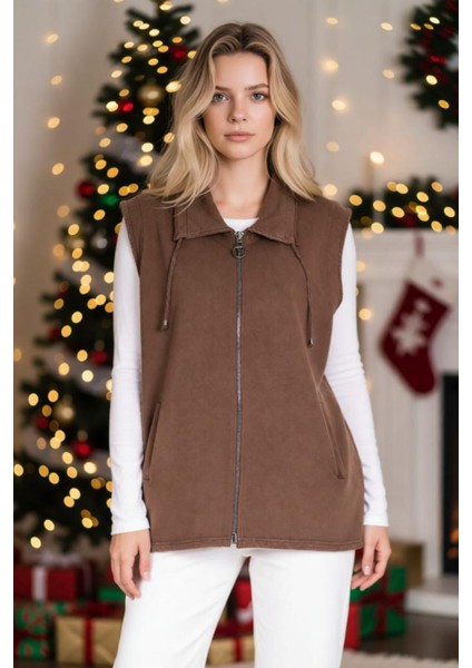 Kadın Büyük Beden Yaka Ip Detaylı Çift Cepli Fermuarlı Uzun Pamuk Yelek