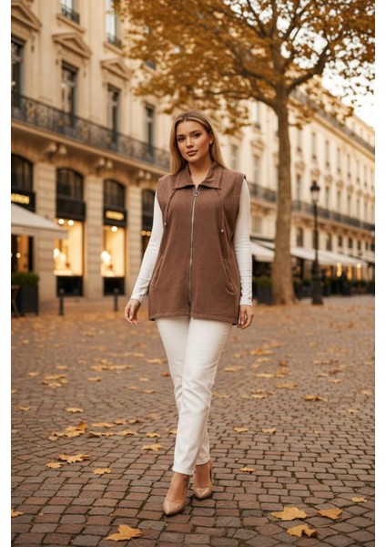 Kadın Büyük Beden Yaka Ip Detaylı Çift Cepli Fermuarlı Uzun Pamuk Yelek fiyatları