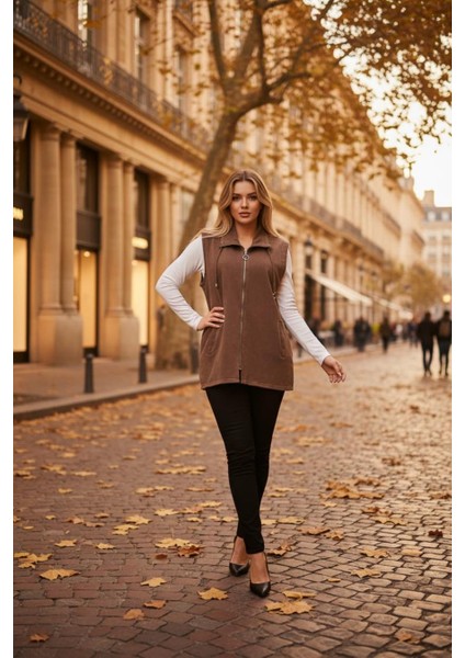 Kadın Büyük Beden Yaka Ip Detaylı Çift Cepli Fermuarlı Uzun Pamuk Yelek modelleri