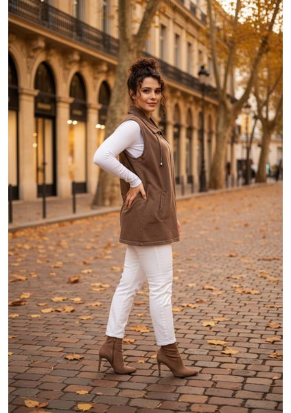 Kadın Büyük Beden Yaka Ip Detaylı Çift Cepli Fermuarlı Uzun Pamuk Yelek indirimleri