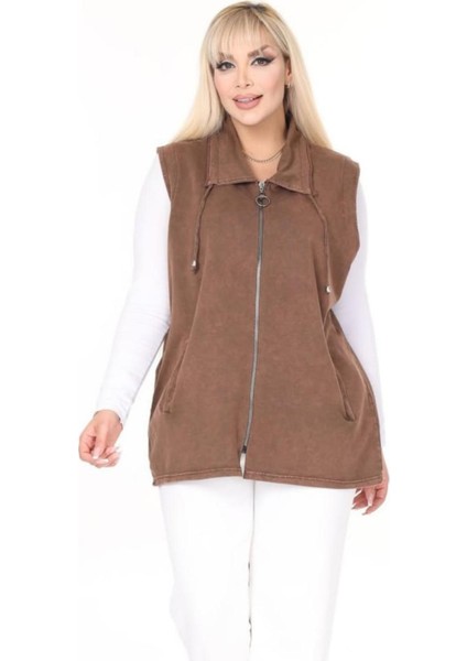 Kadın Büyük Beden Yaka Ip Detaylı Çift Cepli Fermuarlı Uzun Pamuk Yelek