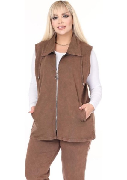 Kadın Büyük Beden Yaka Ip Detaylı Çift Cepli Fermuarlı Uzun Pamuk Yelek