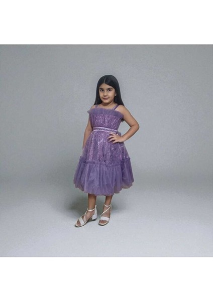 Tüllü Pul Işlemeli Kısa Kız Çocuk Abiye Elbise 5-10 Yaş