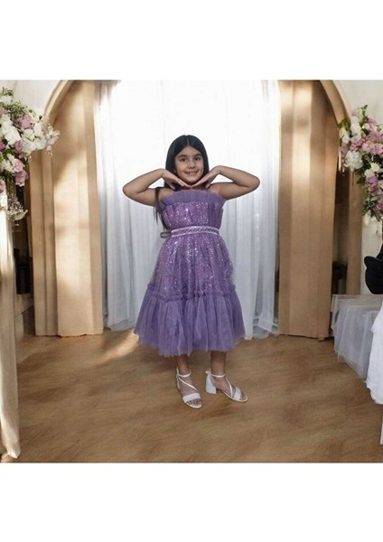 Tüllü Pul Işlemeli Kısa Kız Çocuk Abiye Elbise 5-10 Yaş fiyatları