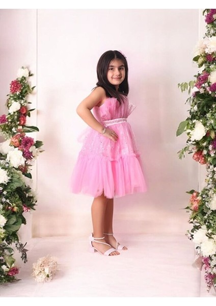 Tüllü Pul Işlemeli Kısa Kız Çocuk Abiye Elbise 5-10 Yaş