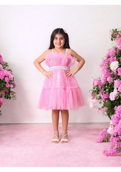 Tüllü Pul Işlemeli Kısa Kız Çocuk Abiye Elbise 5-10 Yaş fiyatları