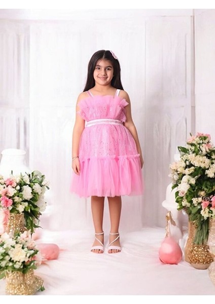 Tüllü Pul Işlemeli Kısa Kız Çocuk Abiye Elbise 5-10 Yaş modelleri