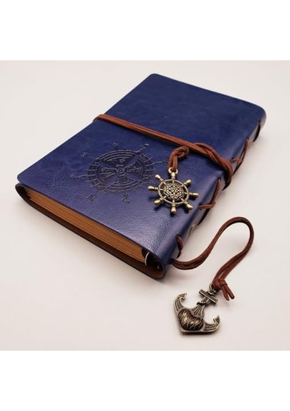 Pusula Baskılı Çapa ve Dümen Kolye Uçlu Deri Kapaklı Günlük Not Defteri Denizci Defter Özel Tasarım Hediyelik Mavi
