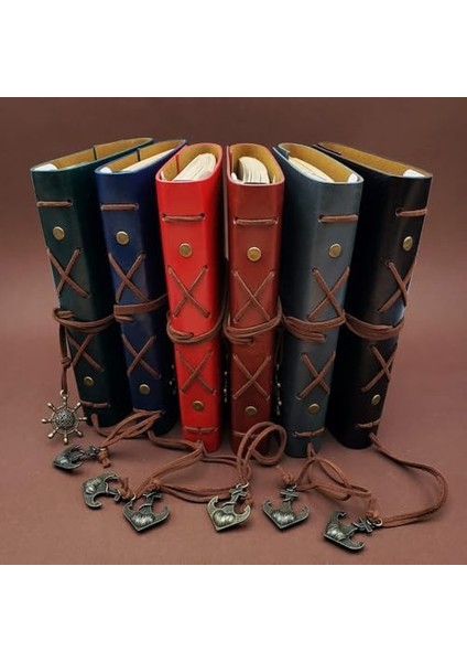 Pusula Baskılı Çapa ve Dümen Kolye Uçlu Deri Kapaklı Günlük Not Defteri Denizci Defter Özel Tasarım Hediyelik Mavi modelleri