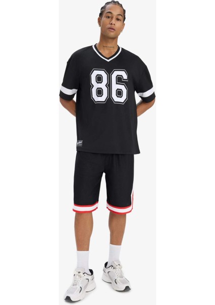 Fit Hızlı Kuruyan Oversize Geniş Kalıp V Yaka Baskılı Sporcu Kısa Kollu Tişört