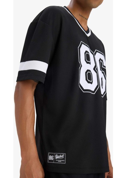 Fit Hızlı Kuruyan Oversize Geniş Kalıp V Yaka Baskılı Sporcu Kısa Kollu Tişört