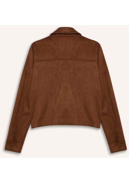 Regular Fit Polo Yaka Cepli Basic Düz Süet Ceket Mont E6033AX25SP