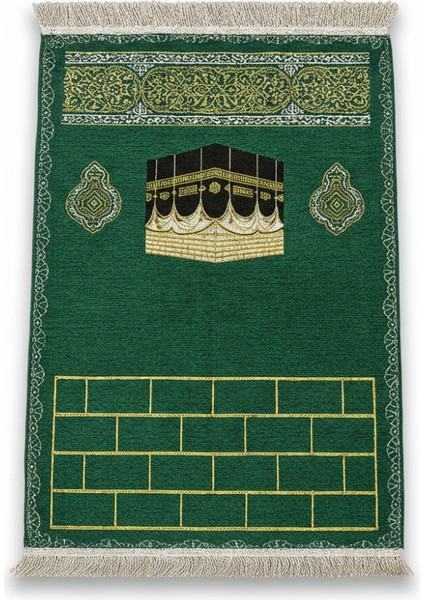 Kişiye Özel Nakış Işlemeli Kabe Motifli Saçaklı Yeşil Renk Hediyelik Seccade