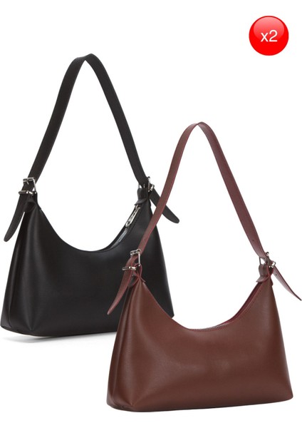 2'li Çanta Paketi Kadın Baget Günlük Siyah ve Bordo El ve Omuz Çantası Iki Çanta