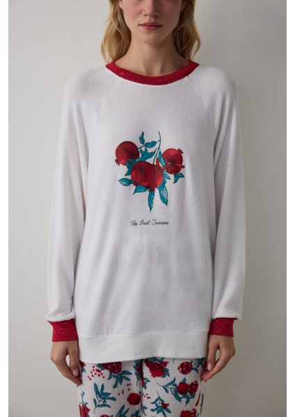 Kırık Beyaz Best Season Yeni Yıl Baskılı Bisiklet Yaka Termal Etkisi Pijama Üstü