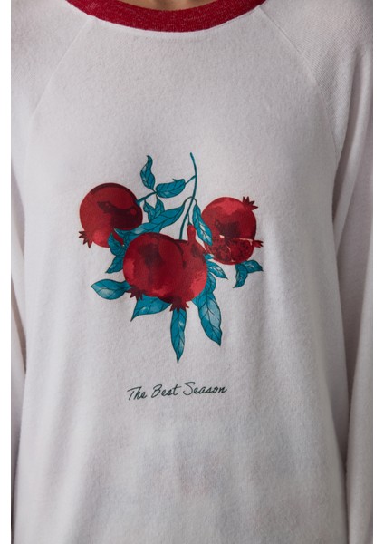 Kırık Beyaz Best Season Yeni Yıl Baskılı Bisiklet Yaka Termal Etkisi Pijama Üstü modelleri