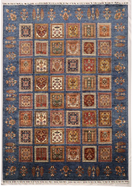 El Dokuma Afgan Halı Yün Ayna Desenli Mavi Kök Boya