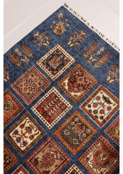 El Dokuma Afgan Halı Yün Ayna Desenli Mavi Kök Boya