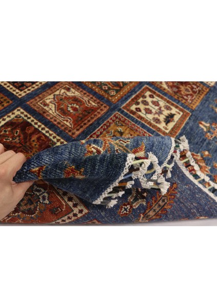 El Dokuma Afgan Halı Yün Ayna Desenli Mavi Kök Boya
