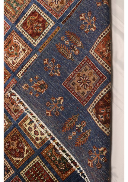 El Dokuma Afgan Halı Yün Ayna Desenli Mavi Kök Boya