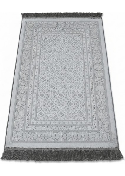 Kişiye Özel Nakış Işlemeli Saf Ipek Kadife Kumaştan Gri Renk Hediyelik Seccade