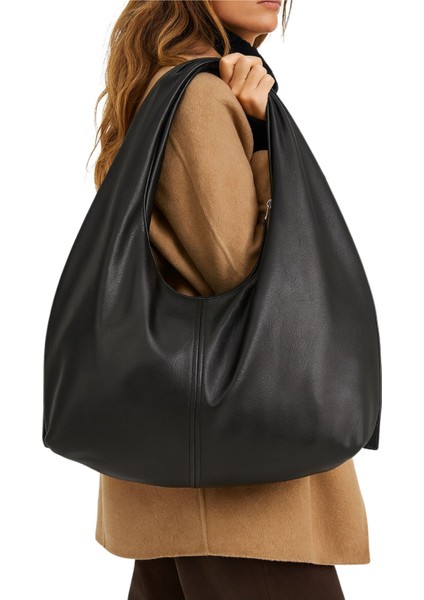 Siyah Salaş Büyük Boy Yumuşak Dokulu Shopper Kol ve Omuz Çantası