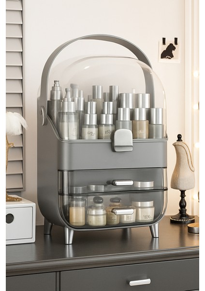 Şeffaf Kapaklı Makyaj ve Takı Organizeri, Çekmeceli, Gri, 19×27×36 cm