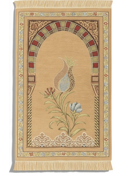 Kişiye Özel Nakış Işlemeli Lale Motifli Astarlı Saçaklı Krem Rengi Hediyelik Seccade