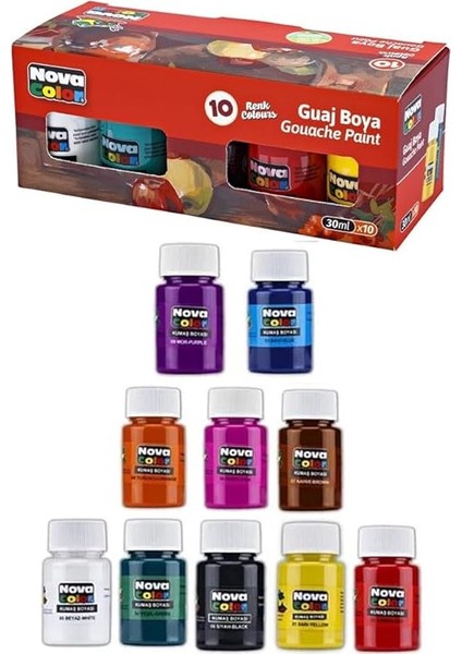 Boya 10 Renk 30 ml 1 Paket Nova Color Guaj Boya Seti 10 Lu Su Bazlı Şişe Canlı Renkler Resim Okul modelleri