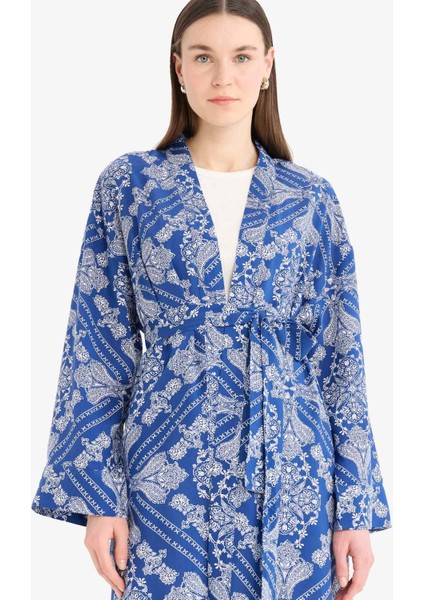 Relax Fit Bisiklet Yaka Desenli Viskon Kimono