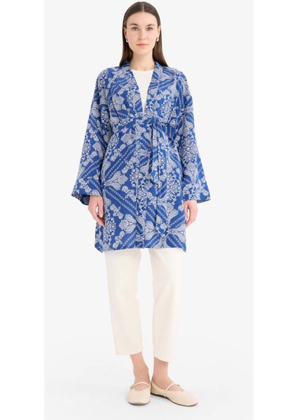 Relax Fit Bisiklet Yaka Desenli Viskon Kimono