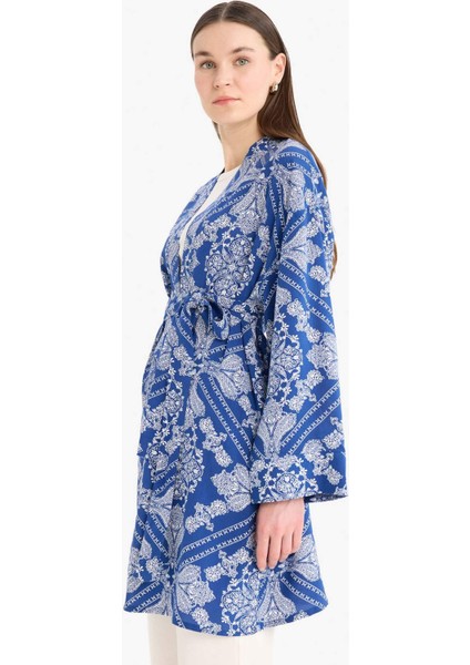 Relax Fit Bisiklet Yaka Desenli Viskon Kimono