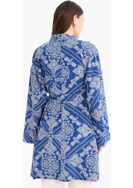 Relax Fit Bisiklet Yaka Desenli Viskon Kimono