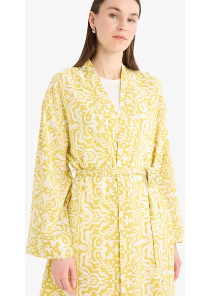Relax Fit Bisiklet Yaka Desenli Viskon Kimono E7262AX25SM