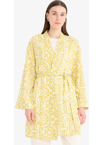 Relax Fit Bisiklet Yaka Desenli Viskon Kimono E7262AX25SM